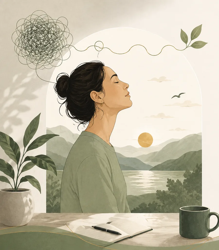 Woman finding calm while looking out at a mountain lake