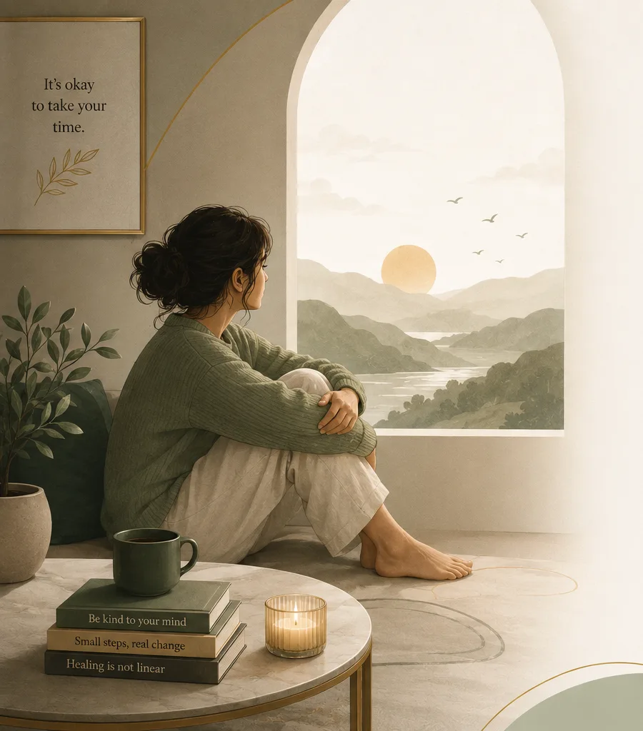 Woman looking out at a sunset, finding a moment of calm