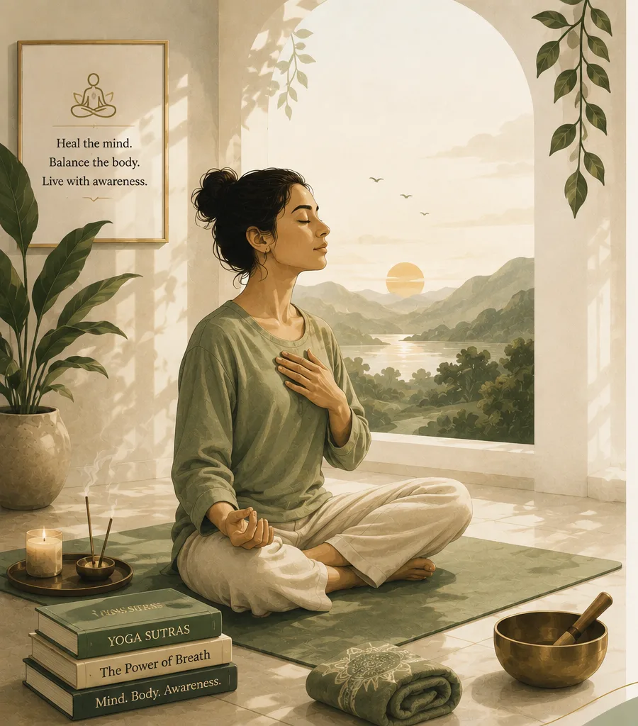 Woman meditating with a hand on her chest, facing a sunrise