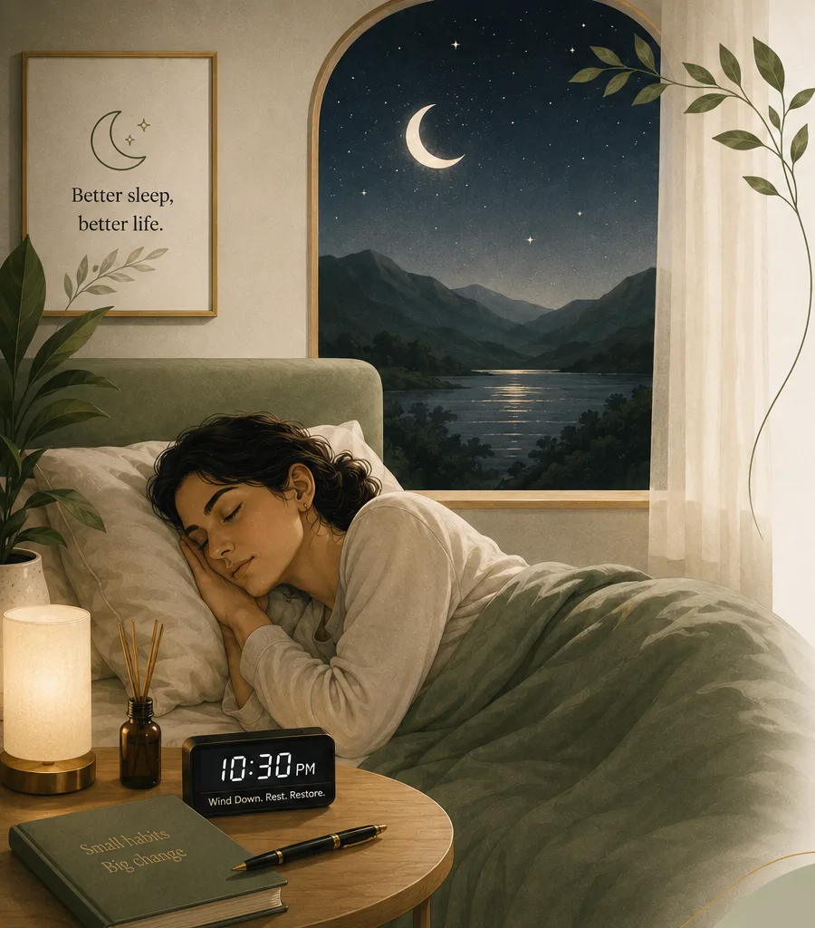 Woman sleeping peacefully with a moonlit mountain view